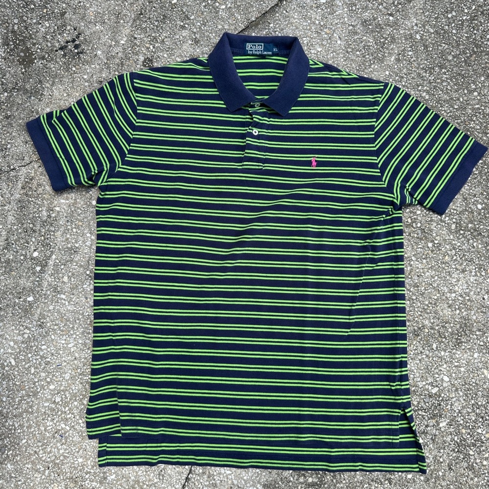 Polo Ralph Lauren Mens XL Polo Shirt Navy Blue Lime Green Striped Pink Pony Logo